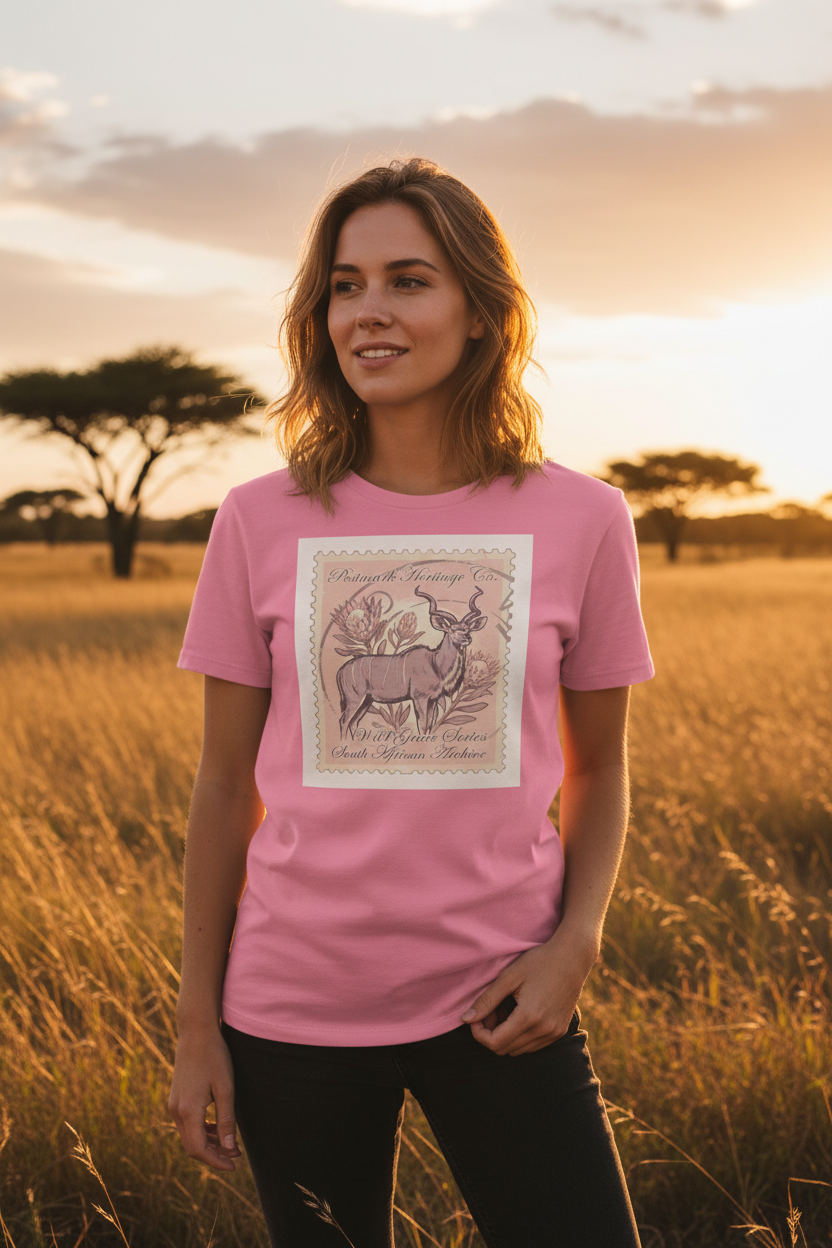 Wild Grace Kudu Edition lifestyle shot — woman wearing the heritage stamp tee in a golden-hour savanna setting