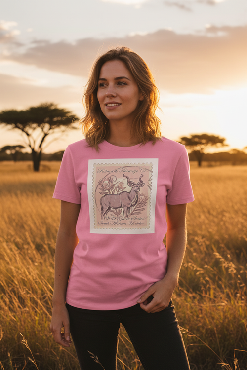Wild Grace Kudu Edition lifestyle shot — woman wearing the heritage stamp tee in a golden-hour savanna setting